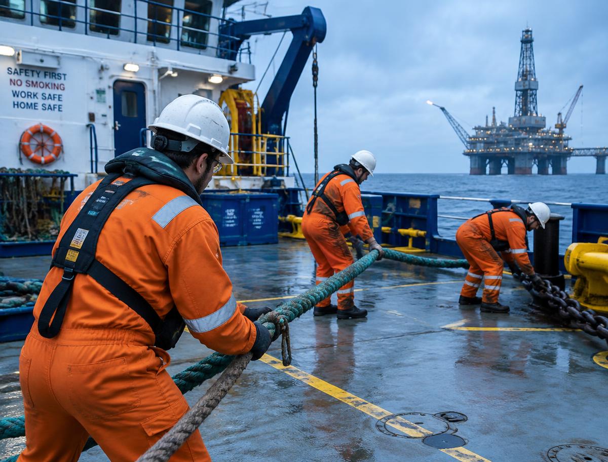Crew handling mooring lines on deck