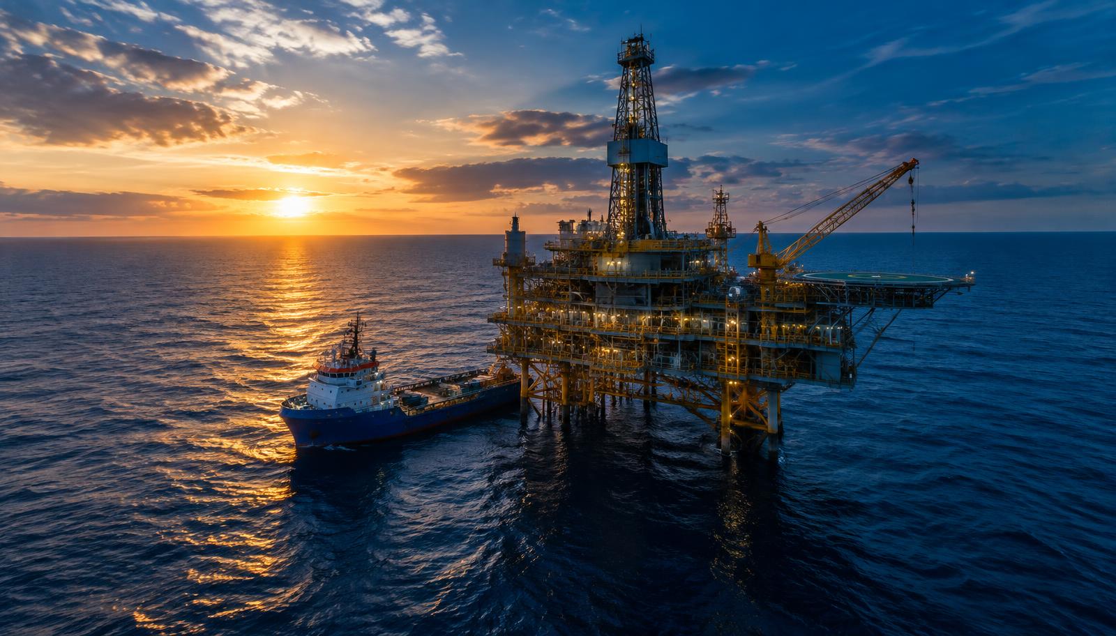 Offshore platform with supply vessel at sunset